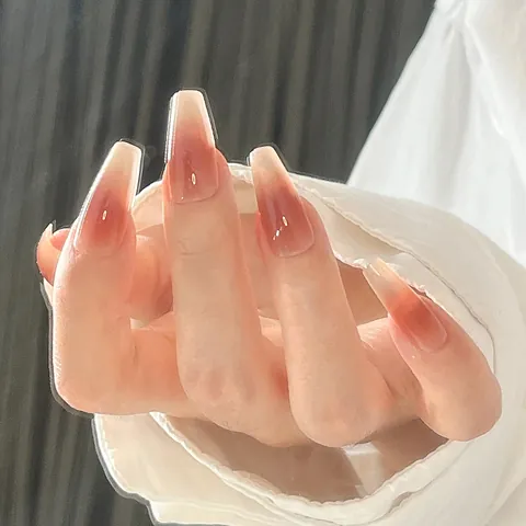 Long Coffin Press On Nails Nude Reddish Brown Gradient Blush Ombre Glossy False Nails With Glue Adhesive Tabs Manicure Decoration For Women