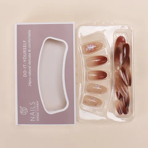 Elegant Almond Gradient Press On Nails With White Flower Design Glossy Long Fake Nails Manicure For Women Daily Party