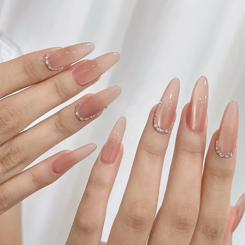 Handmade Luxury Nude Pink Gradient Press On Nails With Rhinestones Long Almond Shape Reusable Full Cover Nail Patches For Women