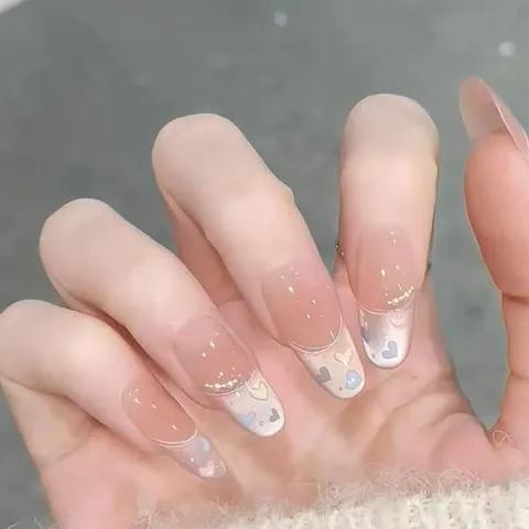 Nude Pink Heart Press On Nails Gradient Sweet Almond Shape Rhinestone Artificial Nails For Women Daily Party Manicure