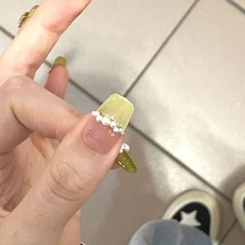 Unghie Finte Fatte a Mano Francese Verde Fluorescente Design Occhio di Gatto Con Künstliche Perle Strass Unghie Artificiali Fai-da-Te Rimovibili