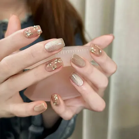Handgemaakte Kunstnagels Kattenoog 3D Bloem Strik Strass Ontwerp Vierkant Rond Volledige Dekking Valse Nagels Voor Vrouwen Feest Vakantie