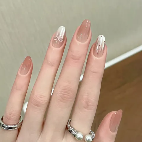 Handmade Press On Nails Nude Pink Gradient Bow Knot Polka Dot Cat Eye Oval Fake Nails For Women Manicure Decor