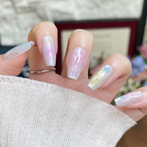 Macaron Gradient Star Cat Eye Press On Nails Coffin Shape Shimmer Star Pattern False Nails For Women Daily Manicure