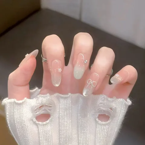 Handmade Sweet Press On Nails Bow Artificial Pearl Rhinestone Decoration Elegant Gradient Pink White Blush Nail Art Daily Dating Women Accessory