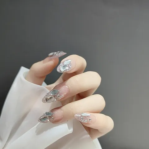 Handgefertigte Luxus Lange Mandelform Künstliche Nägel Strass Glitzer Rosa Farbverlauf Ombre Wiederverwendbare Fingerkunst