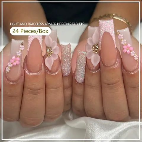 Lange Quadratische Künstliche Nägel Zum Aufpressen Mit 3D Blume Strass Rosa Nude Glitzer Falsche Nägel Für Damen Party Hochzeit