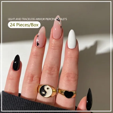 Mandelform Herzmuster Aufklebbare Nägel Schwarz Weiß Kontrastfarben Falsche Nägel Mit Kleber Für Damen DIY Nagelkunst Dekor