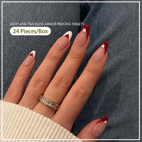 French Style Almond Press On Nails Heart Design Red White Contrast Color DIY Manicure Fashion Decorative Wearable Nails