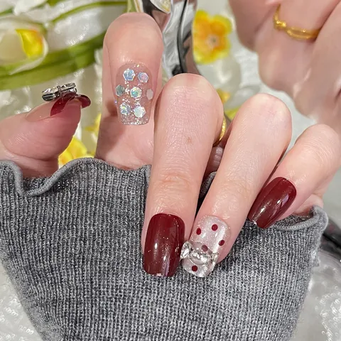 Handmade Cat Eye Press On Nails With Bow Rhinestone Polka Dot French Style Wine Red Nude Glossy Artificial Fake Nail Kit For Women