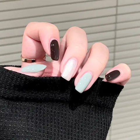 Elegant Morandi Shimmer Press On Nails Short Square Removable Artificial Nails In Coffee Sage Green White Pink For Women