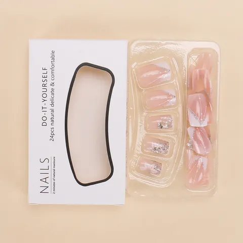 French Style Press On Nails Long Square Nude Pink 3D Flower Glitter Star Heart Design Fake Nails For Women Girls Fashion