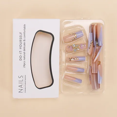 Extra Lange Vierkante Plaknagels Goud 3D Vlinder Strass Franse Tip Paars Nude Kunstnagels Luxe DIY Manicure Voor Vrouwen
