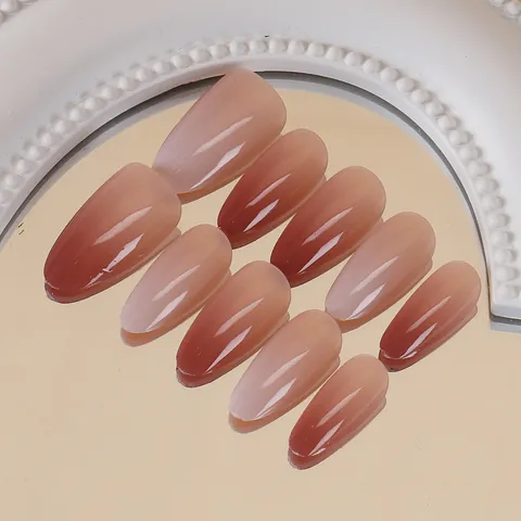 Handmade Gradient Pink White Press On Nails High Gloss Almond Shape Sweet Summer Style Reusable False Nails For Women Beauty DIY Manicure