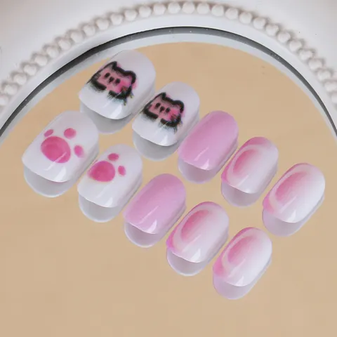 Cute Cartoon Cat Paw Pink White Gradient Press On Nails For Kids DIY Manicure ABS Resin Fake Nails Daily Decorative Wearable Nail Tips