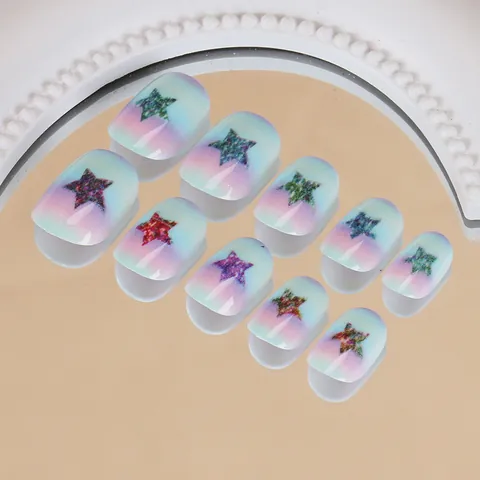 Süße Cartoon Seestern Künstliche Fingernägel Für Kinder Mädchen Rosa Blau Farbverlauf Kurz Rund Abnehmbare Künstliche Nägel Maniküre Set