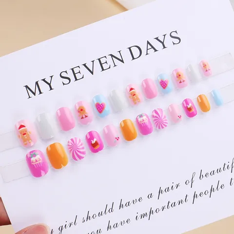 Kids Cute Cartoon Press On Nails 24 Pcs Colorful Doodle Artificial Fake Nail Tips Detachable Manicure For Girls DIY Nail Art