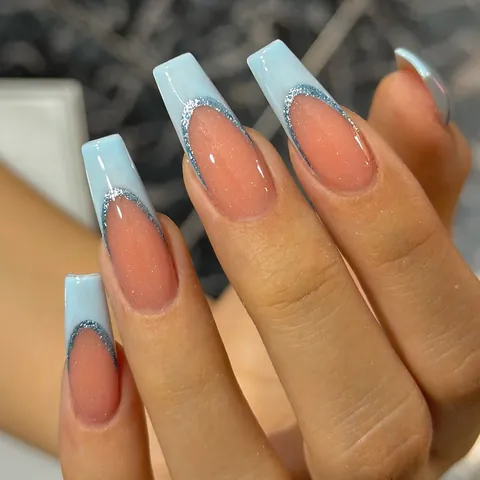 Französisch Blau Rand Silber Glitzer Lang Coffin Press On Nägel Full Cover Trapez Künstliche Nägel Für Damen Alltag Party Maniküre