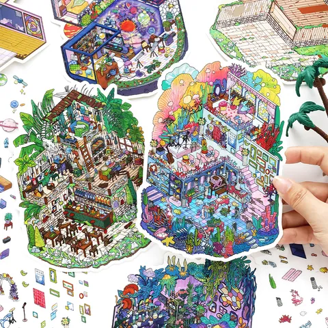 Set di Adesivi per Scene in Miniatura Isometriche PET Impermeabili Decorativi per Diario Scrapbooking Paesaggio Camera