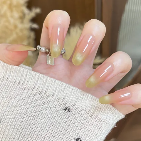 Uñas Postizas a Presión Hechas a Mano Verde Lima Degradado Ojo de Gato Patrón Limón Almendra Larga Reutilizables Mujer Manicura
