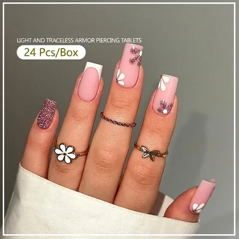 Unghie Finte a Pressione Stile Francese Quadrato Corto Rosa Nude Bianco Margherita Glitter Unghie Per Donna Manicure