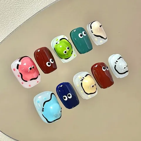 Uñas Postizas para Niños con Diseño de Ojos de Dibujos Animados Coloridas Resina ABS Puntas de Uñas Artificiales para Decoración