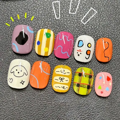 Kids Cute Cartoon Puppy Press-on Nails Colorful Graffiti Painted DIY Manicure For Girls Artificial Nails With Tools
