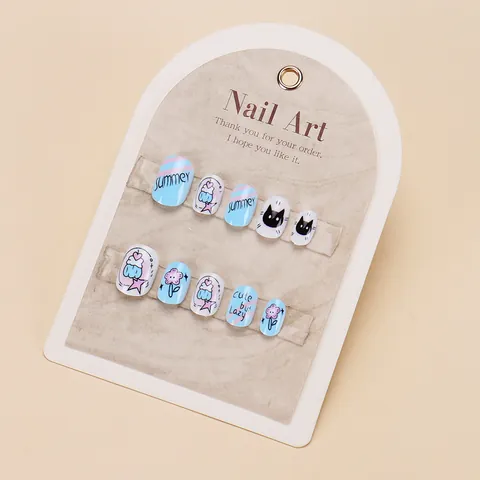 Faux Ongles à Presser pour Enfants Motif Chat Dessin Animé et Fleur Ongles Courts Ronds Manucure DIY pour Filles Cadeau