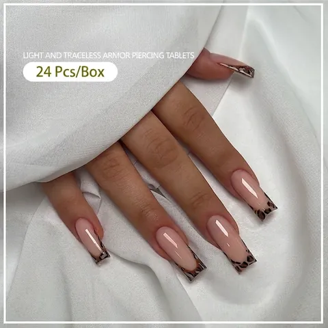 Unghie Finte Press On Motivo Leopardato Francese Forma Quadrata Lunga Base Rosa Nudo Resina ABS Per Manicure Donna