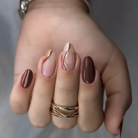 Uñas Postizas Press On Almendra Brillantes Marrón Moca Nude Bloques De Color Líneas Purpurina Oro Elegantes Uñas Para Mujer Manicura