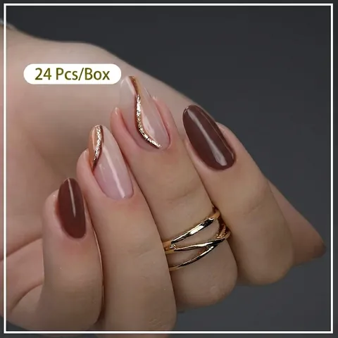 Uñas Postizas Press On Almendra Brillantes Marrón Moca Nude Bloques De Color Líneas Purpurina Oro Elegantes Uñas Para Mujer Manicura