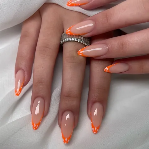 Orange French Tip Aufpressnägel Weiße Punkte Lange Mandelform Künstliche Fingernägel Kleber Auf Maniküre Kit Für Damen