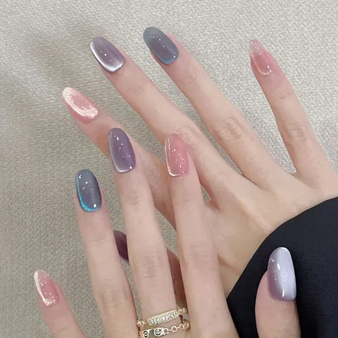 Handmade Cat Eye Press On Nails Long Oval Luxury False Nails For Women Multi Color Shimmer Resin Artificial Nails Manicure Gift