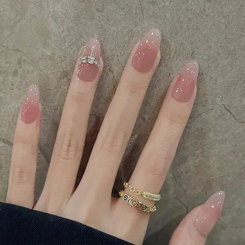 Handmade Press-on Nails Nude Pink Gradient Cat Eye Rhinestone Heart Bow Design False Nails For Women Everyday Decorative Manicure