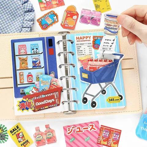 Set de Pegatinas de Diario de Dibujos Animados Tienda de Comestibles Papel Adhesivo Decorativo y Papel de Escritura DIY