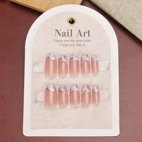 Nude Pink Heart Press On Nails Gradient Sweet Almond Shape Rhinestone Artificial Nails For Women Daily Party Manicure