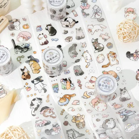 Cute Cartoon Cat PET Decorative Tape Shimmer Glitter Masking Tape Scrapbooking Stationery For DIY Planner Journal Phone Case Decoration