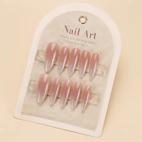 Luxury Cat Eye Press On Nails Long Almond Nude Pink Gradient Shimmer Reusable False Nails For Women Elegant DIY Manicure