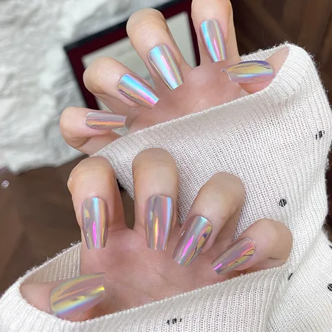 Holografische Aurora Laser Plaknagels Handgemaakte Sterrenhemel Iriserende Glitter Doodskist Lange Ballerina Kunstnagels