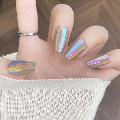 Holographic Aurora Laser Press On Nails Handmade Starry Sky Iridescent Glitter Coffin False Nails Long Ballerina Fake Nails