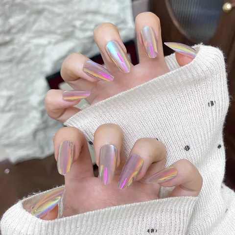 Aurora Chrom Künstliche Fingernägel Sternenhimmel Regenbogen Metallic Stiletto Nägel Luxuriöse Handgefertigte Dekorative Maniküre