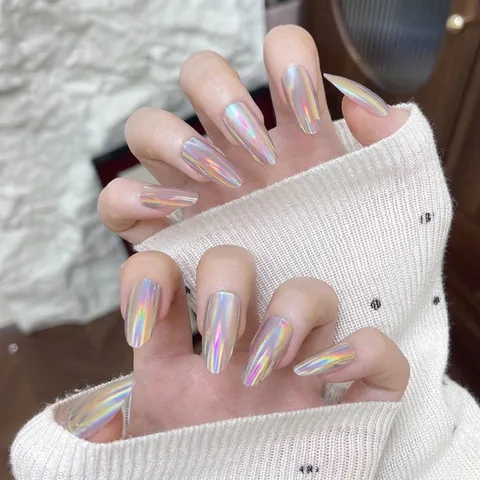 Aurora Chrom Künstliche Fingernägel Sternenhimmel Regenbogen Metallic Stiletto Nägel Luxuriöse Handgefertigte Dekorative Maniküre