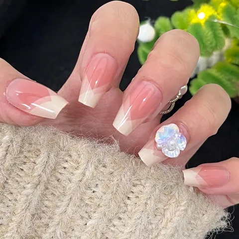 Französische Rosa Gradienten-Press-On-Nägel Mit 3D-Muschelblumen-Künstliche Perlen-Dekor ABS-Harz Ballerina-Form Kunstnägel Für Damen Alltag