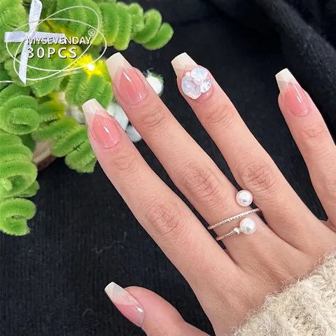 Französische Rosa Gradienten-Press-On-Nägel Mit 3D-Muschelblumen-Künstliche Perlen-Dekor ABS-Harz Ballerina-Form Kunstnägel Für Damen Alltag