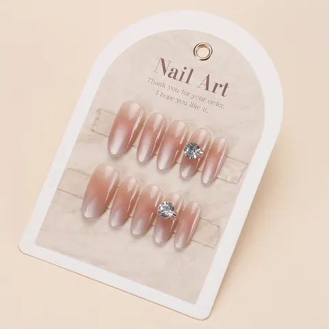 Luxury Pink White Gradient Cat Eye Press On Nails With Large Rhinestone Handmade ABS Resin Removable Fake Nails For Women Daily Nail Art