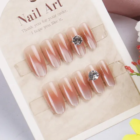 Luxury Pink White Gradient Cat Eye Press On Nails With Large Rhinestone Handmade ABS Resin Removable Fake Nails For Women Daily Nail Art