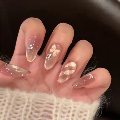 Unghie Finte Fatte a Mano Rosa Occhio di Gatto Oro Champagne Farfalla Strass Griglia Design Unghie Artificiali per Donna Decorazione Unghie