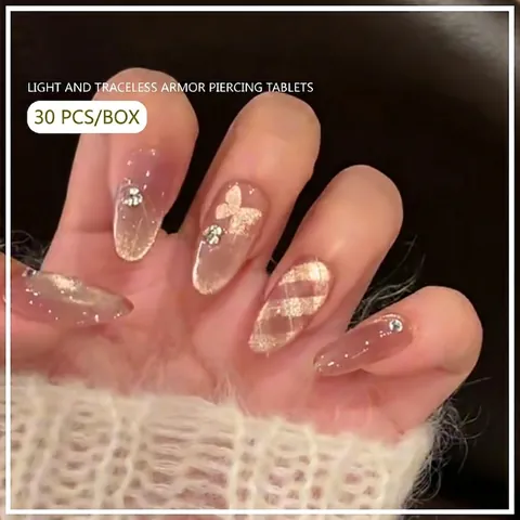 Unghie Finte Fatte a Mano Rosa Occhio di Gatto Oro Champagne Farfalla Strass Griglia Design Unghie Artificiali per Donna Decorazione Unghie
