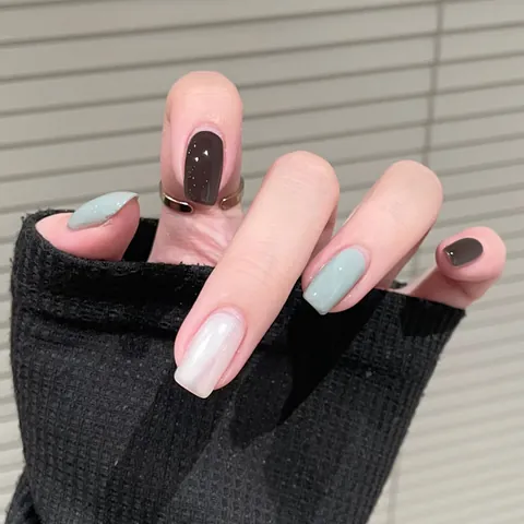 Elegant Morandi Shimmer Press On Nails Short Square Removable Artificial Nails In Coffee Sage Green White Pink For Women