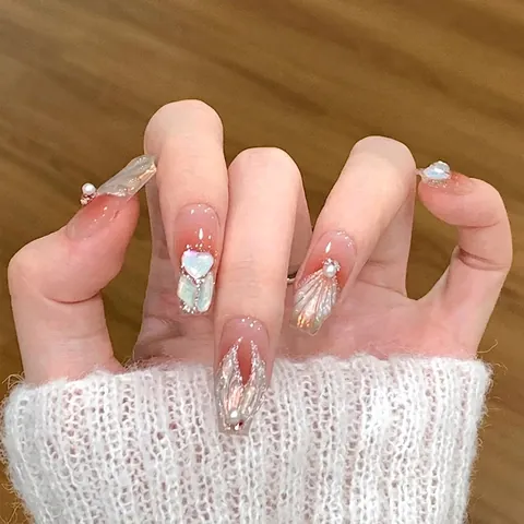 Handgefertigte Nägel zum Aufpressen Dimensionales Muschel Künstliche Perlen Dekor Rosa Strass Glitzer Falsche Nägel Für Damen Schmuck
